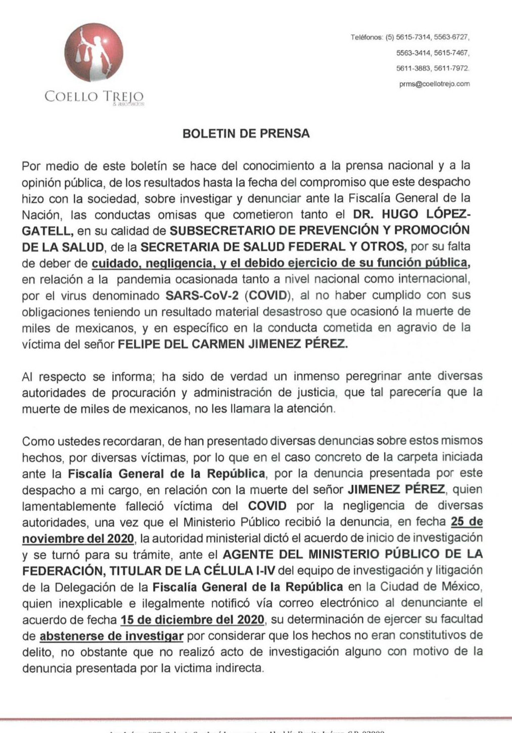Comunicado oficial del despacho Coello y Trejo que oficializa una investigación en contra de López Gatell.