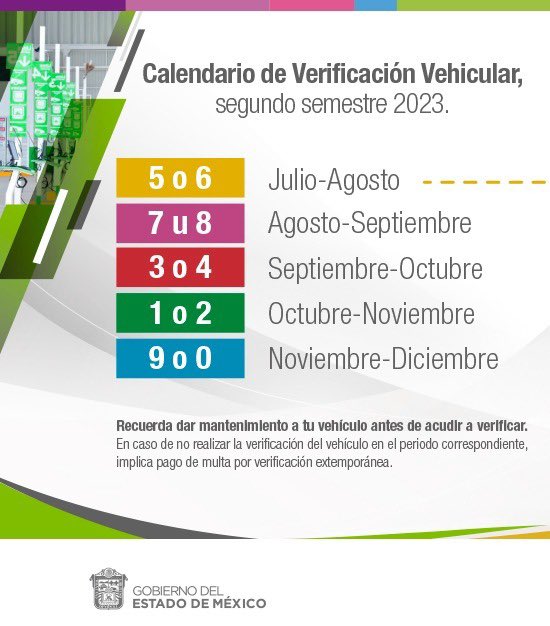 Calendario de verificación Estado de México 2023 segundo semestre