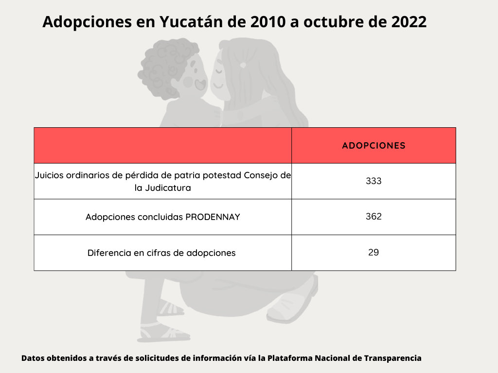 En Yucatán de 2010 a 2022 se realizaron 333 juicios de pérdida de patria potestad y 362 adopciones concluidas. Crédito: Claudia Victoria Arriaga Durán y Melva Frutos.