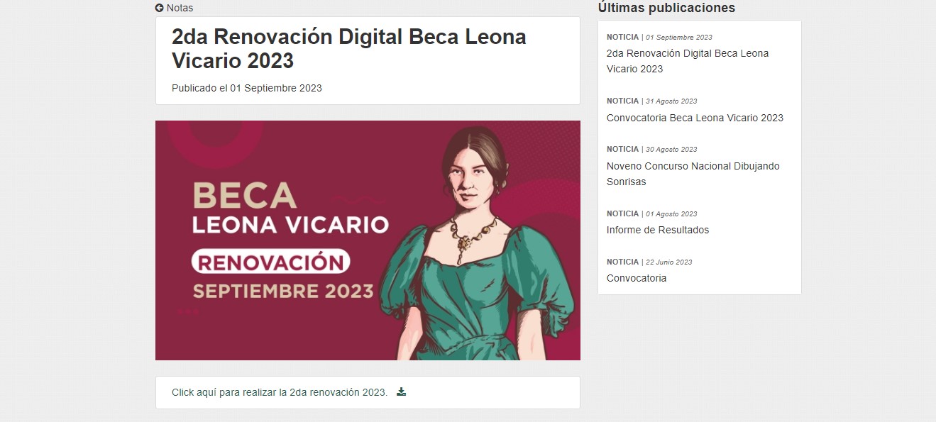 segunda renovación beca Leona Vicario septiembre 2023