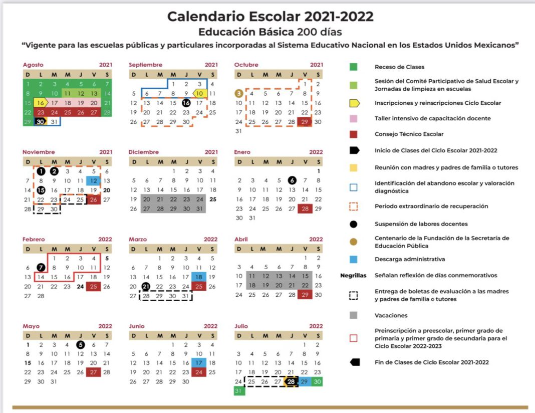 Calendario Escolar 20212022 de la SEP a detalle de agosto a julio