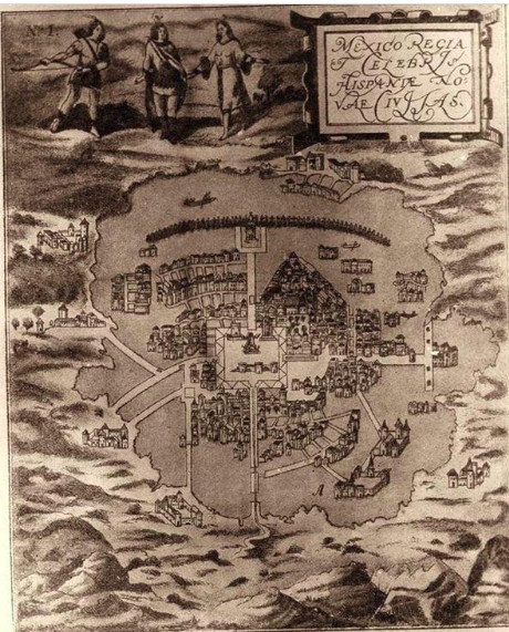 Mapa de la Ciudad de México que fue elaborado en el siglo XVI, por el cartógrafo flamenco Franz Hogenberg. AGN, PAL