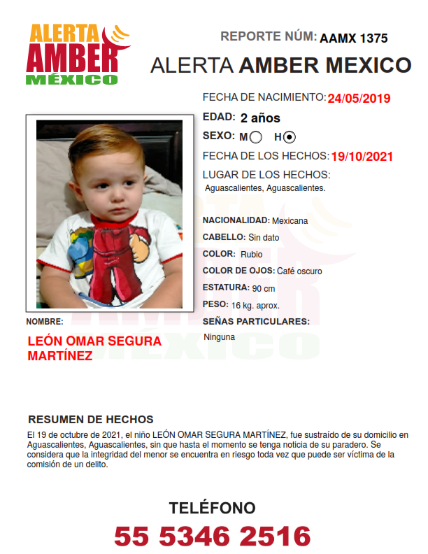 León Omar, de dos años, fue sacado de su casa en Aguascalientes | Foto: Alerta Amber
