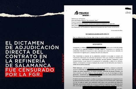 Uno de los documentos obtenidos por MCCI es el dictamen de adjudicación directa del contrato en la refinería de Salamanca | Foto: Captura de pantalla video MCCI 