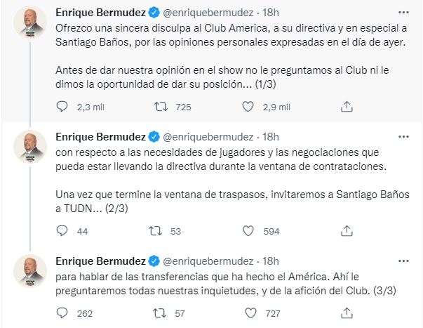 Esta fue la disculpa que hizo en Twitter Enrique Bermudez hacia el club América | Foto: Captura Twitter 
