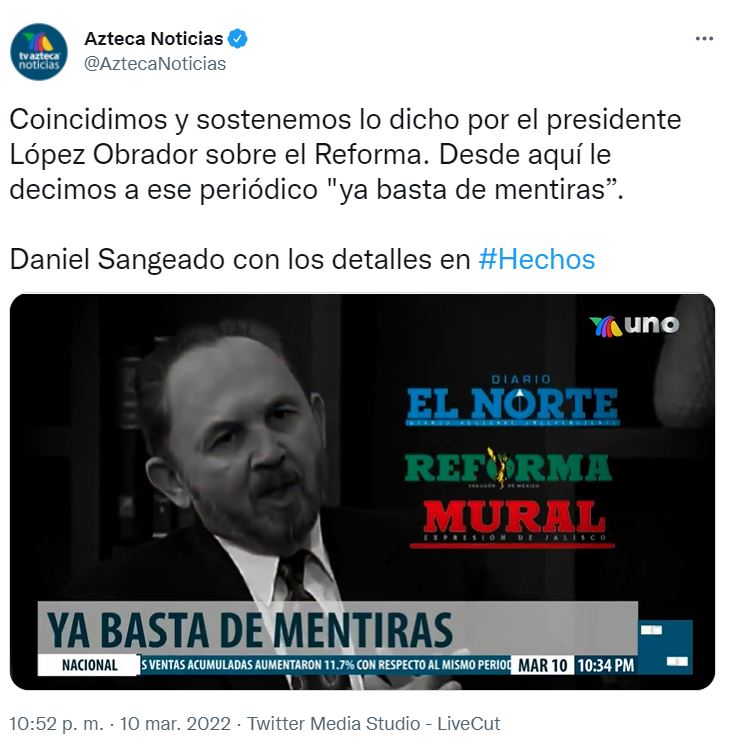 TV Azteca se lanza contra Reforma por reportaje sobre negocios de Grupo Salinas y Tren Maya 2