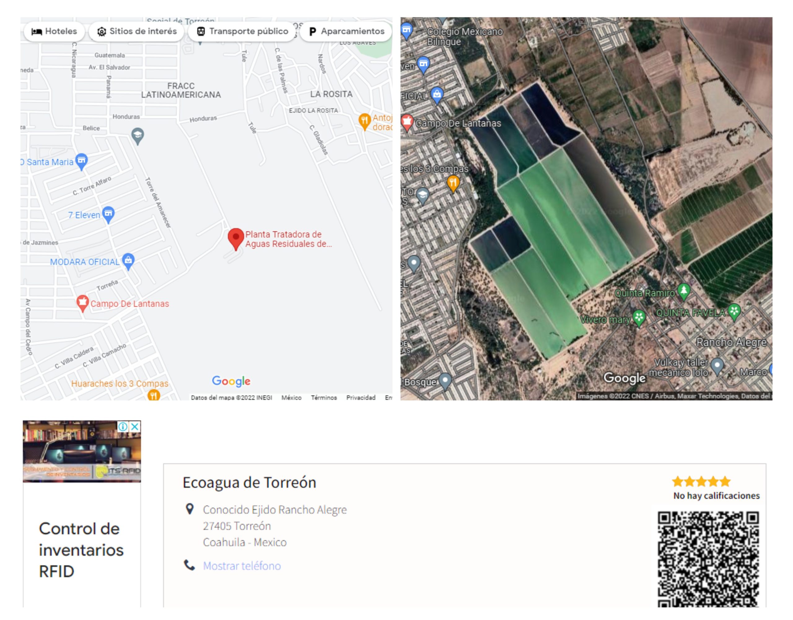 En las búsquedas por internet, sólo se señala como dirección física de Ecoagua las propias instalaciones de la Planta Tratadora de Rancho Alegre o como segunda referencia el laboratorio del Simas Torreón en la colonia Moderna. Crédito: Google Maps.