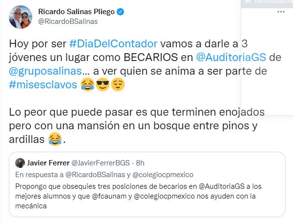 Ricardo Salinas Pliego ofreció trabajo en el Día del Contador Foto: Captura de pantalla Twitter 