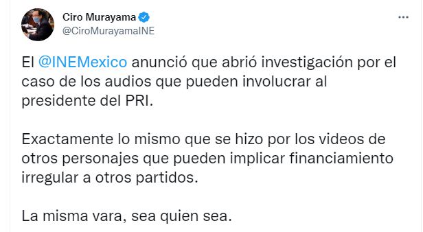 Ciro Murayama anunció que el INE investigará a Alejandro Moreno, presidente del PRI | Foto: Twitter Ciro Murayama
