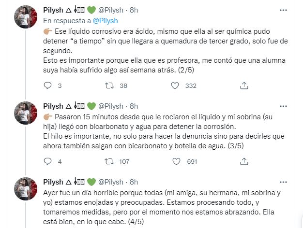 A través de un hilo de Twitter la usuaria alertó sobre este modus operandi de ataques con ácido en Puebla | Foto: Twitter 