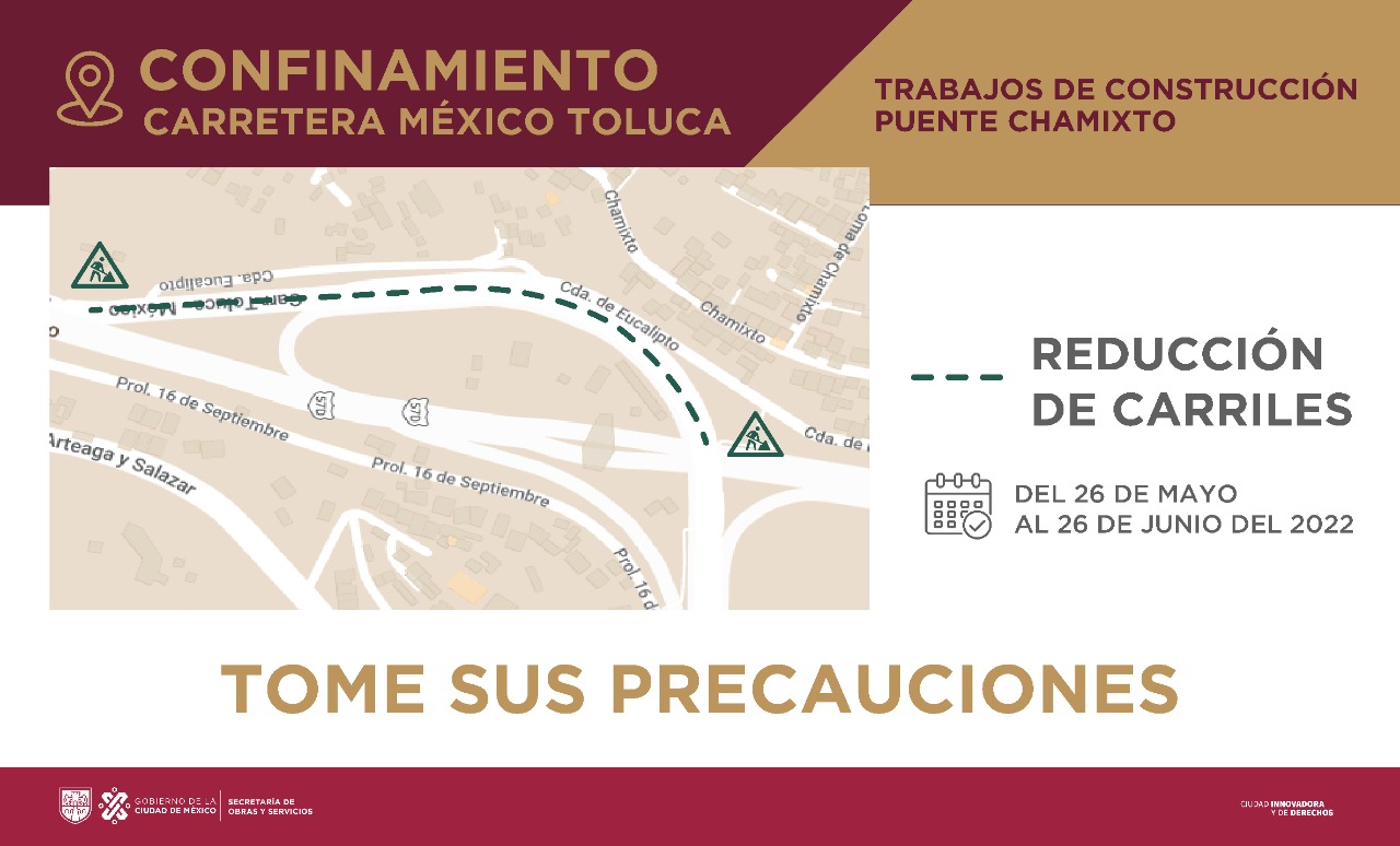 La reducción de carriles en la autopista México-Toluca será durante un mes Foto: Twitter @SOBSECDMX