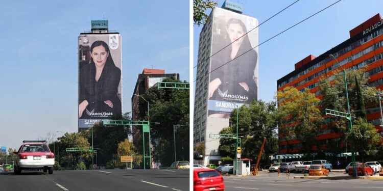 Los anuncios espectaculares con la imagen de Sandra Cuevas fueron instalados en un edificio de Tlatelolco | Foto: Twitter Sandra Cuevas