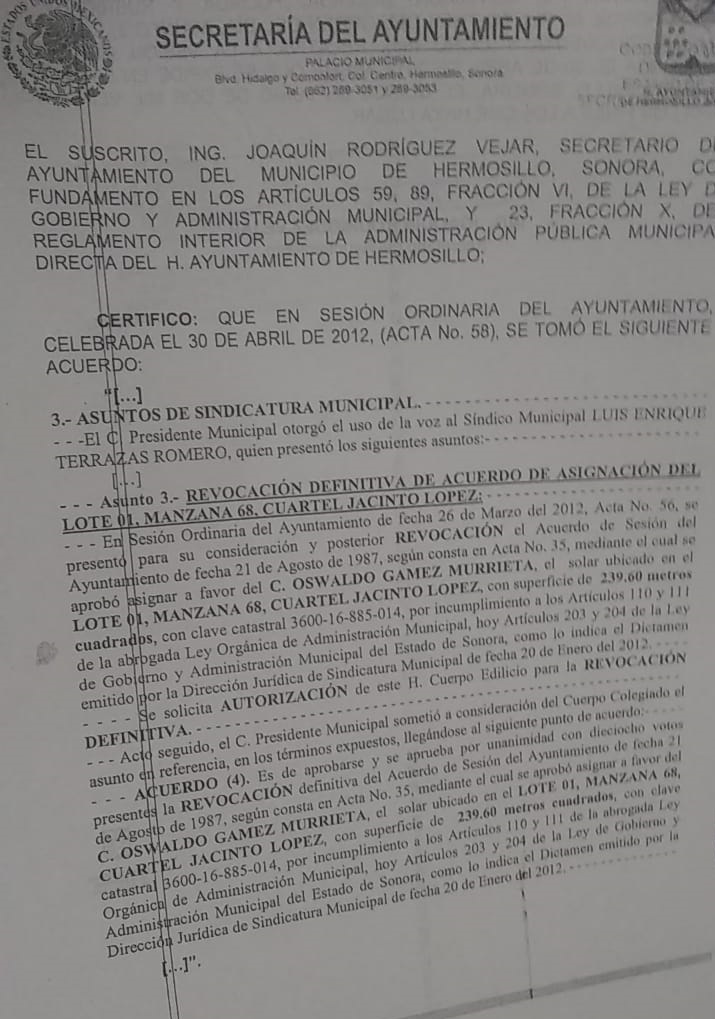 Copia del acta oficial donde se revocó la propiedad a Osbaldo Gámez Murrieta, esposo de Verónica Luna Meza.