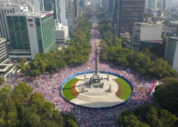 La gente iba vestida de color rosa y blanco, para asemejar los colores del INE, y llevaba pancartas con leyendas como: “El INE no se toca” Foto: Twitter
