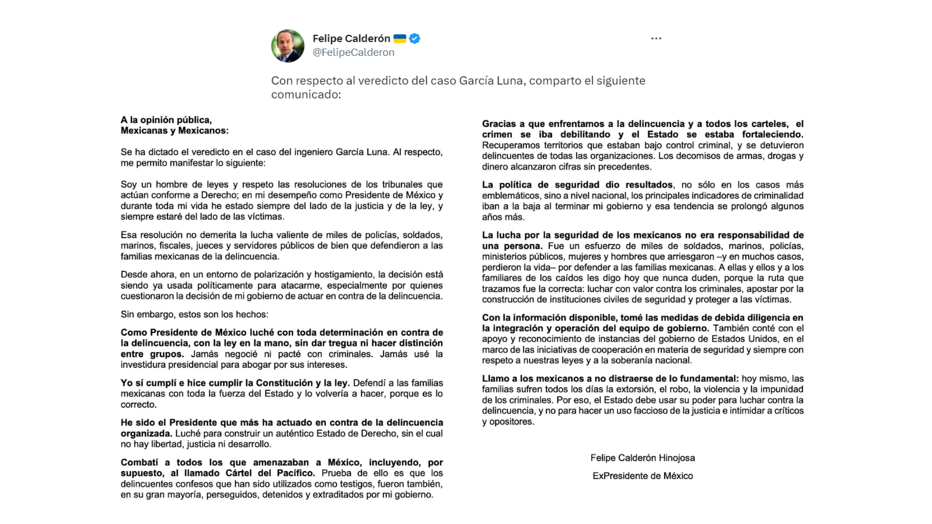 Comunicado oficial de Felipe Calderón respecto al veredicto en contra de Genaro García Luna. FOTO: @FelipeCalderon