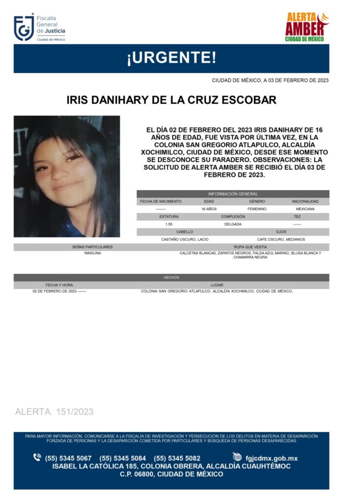 El caso de Iris Danihary de la Cruz Escobar se suma a las desapariciones de los últimos días fue vista por última vez el 2 de febrero en la alcaldía Xochimilco | Foto: Alerta Amber
