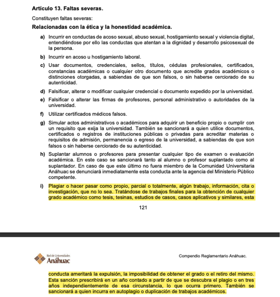 Compendio Reglamentario Anáhuac, 2023, sobre el plagio.