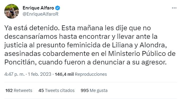 El gobernador Enrique Alfaro confirmó la detención de Christopher "N" por el homicidio de Ángela y Liliana | Foto: Twitter 
