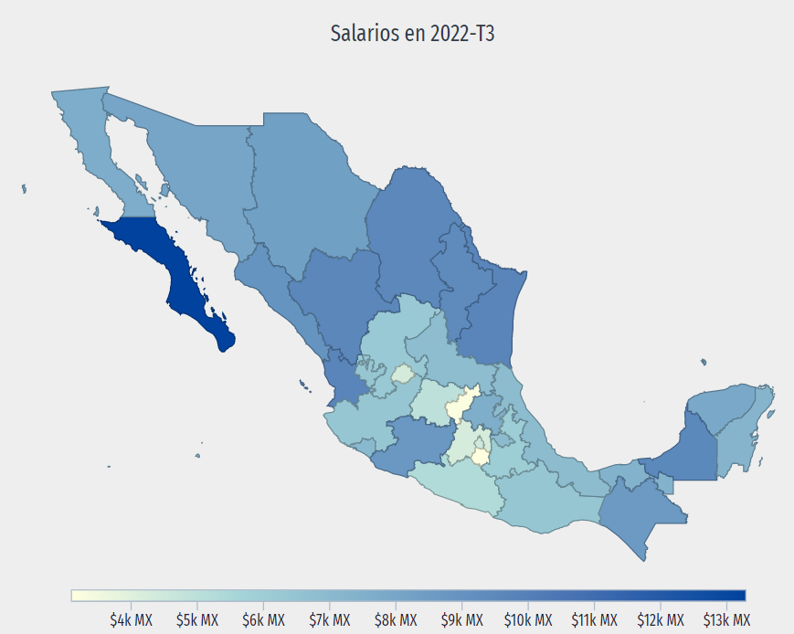 Este mapa muestra las entidades federativas con los más altos y más bajos salarios promedio de México. FOTO: INEGI, ONOE