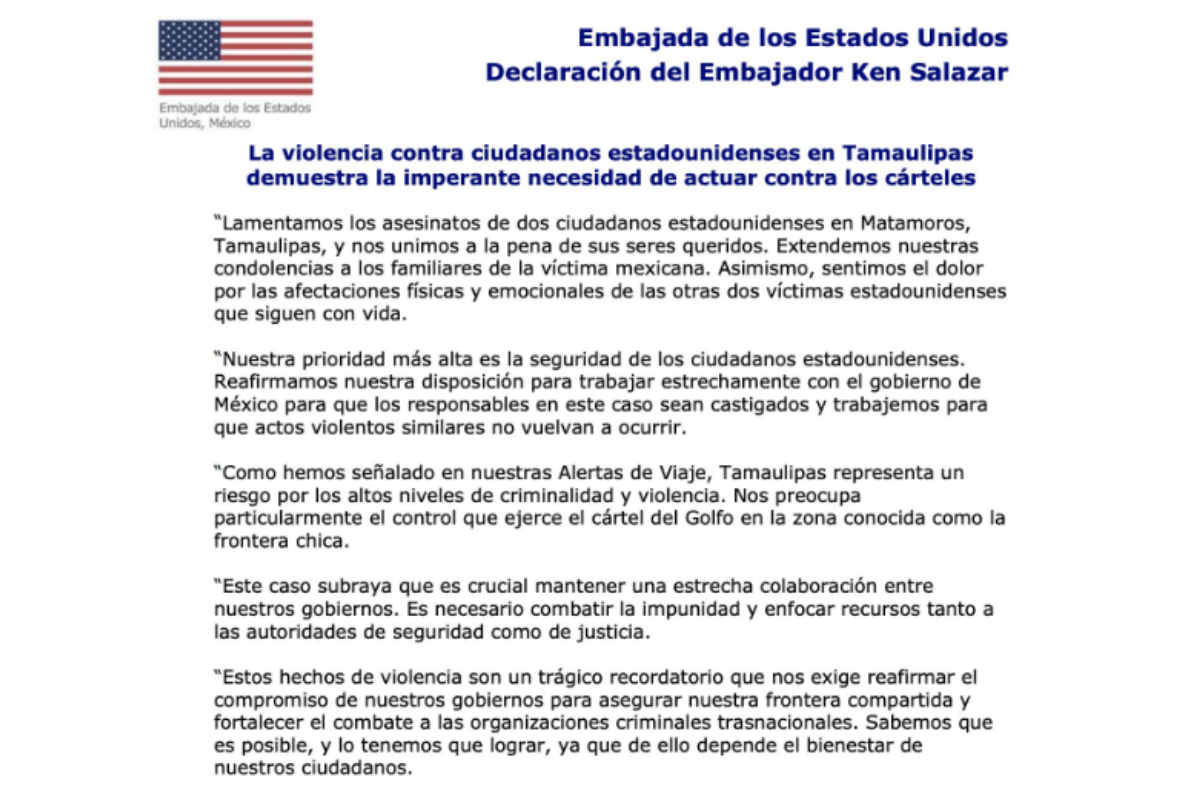 Declaración oficial del Embajador Ken Salazar luego de los hechos ocurridos en Matamoros. FOTO: @USAmbMex