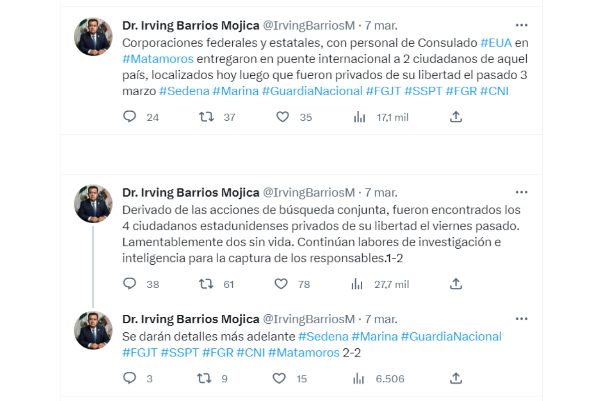 El Fiscal General de Justicia de Tamaulipas, Irving Barrios, comunicó a través de Twitter que los sobrevivientes fueron repatriados. FOTO: @IrvingBarriosM