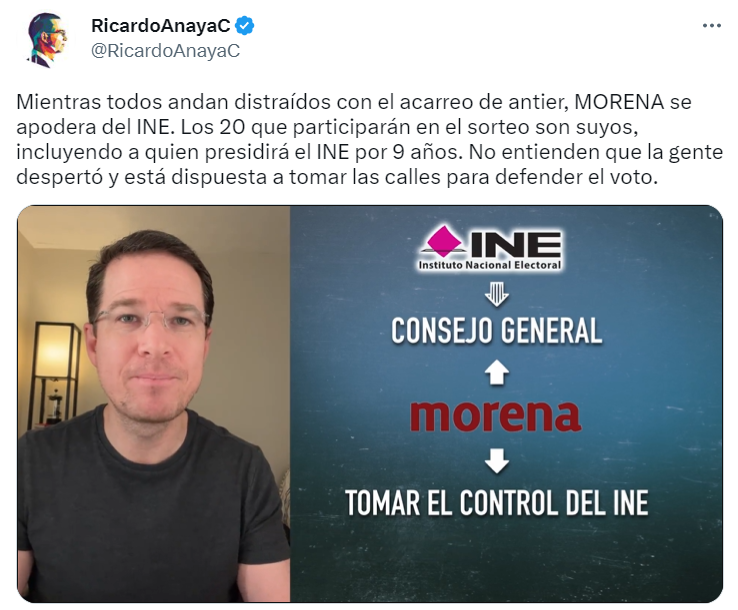 Ricardo Anaya, del PAN, acusó a Morena de hacer trampa en la selección de la nueva consejería del INE. FOTO: Twitter