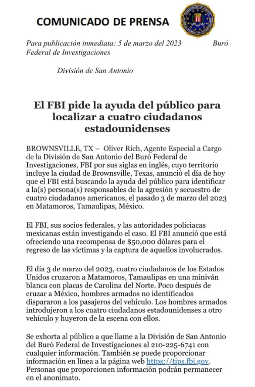 La división de San Antonio del FBI lanzó un comunicado de prensa donde ofrece hasta $50 mil dólares por información que los acerque a las víctimas secuestradas en Matamoros. FOTO: @FBISanAntonio