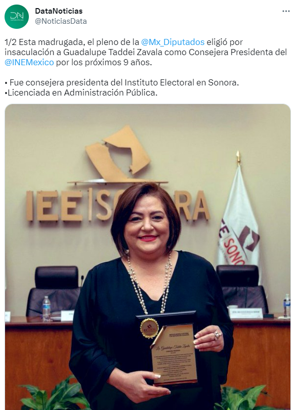 Guadalupe Taddei fue seleccionada para dirigir al INE mediante sorteo y su período será de 2023 a 2032. FOTO: Twitter
