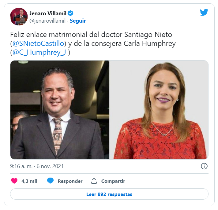 Jenaro Villamil, actual presidente del Sistema Público de Radiodifusión del Estado Mexicano, hizo pública la realización de la boda a través de una felicitación que publicó en redes sociales. FOTO: Twitter @jenarovillamil