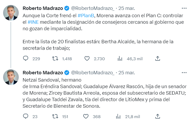 Roberto Madrazo, del PRI, señaló que Morena tiene un Plan C y que los candidatos para presidir al INE que son cercanos a la 4T. FOTO: Twitter