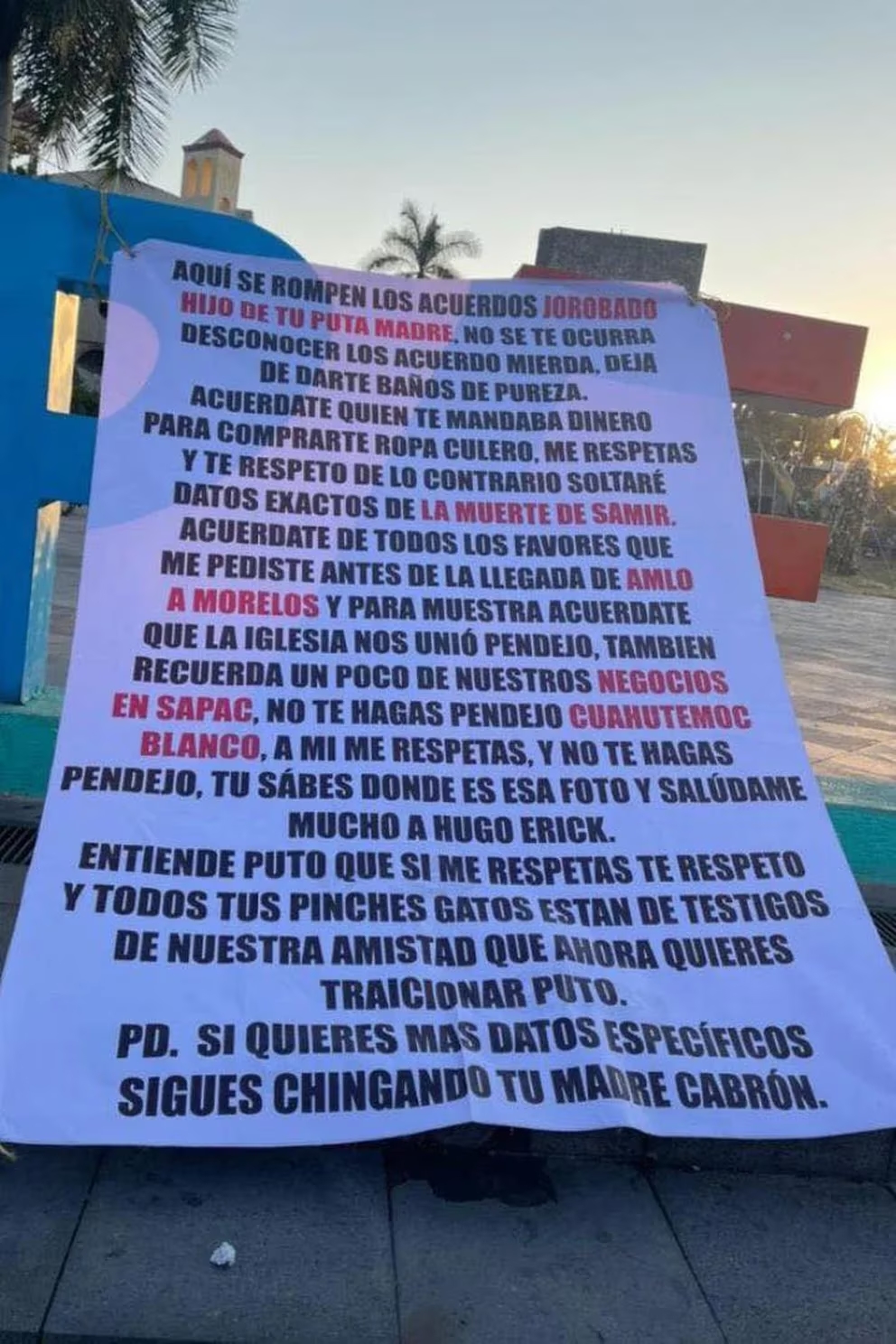 Cárteles publican narcomanta en Morelos donde señalan a Cuauhtémoc Blanco. FOTO: Facebook CicInforma
