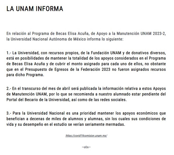 Becas de Manutención en la UNAM continuarán, pero no con el apoyo del gobierno.