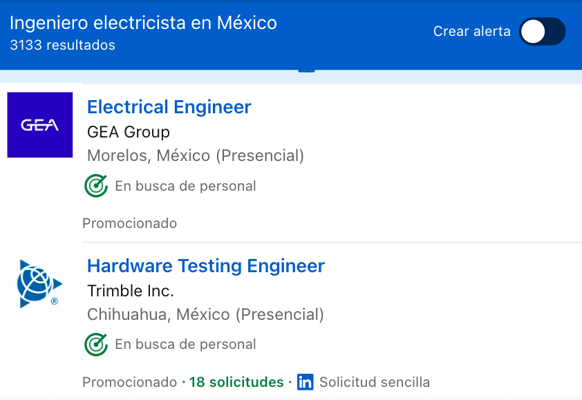 Ofertas para ingeniero electricista Foto: LinkedIn
