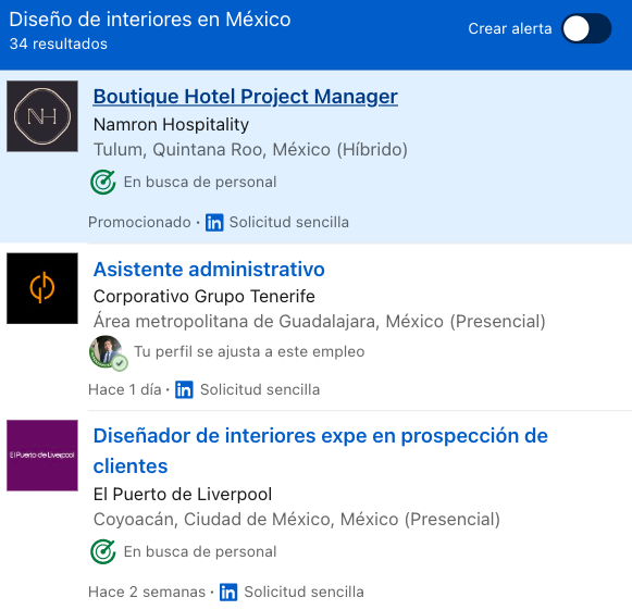Ofertas de empleo de Diseño de interiores en LinkedIn Foto: Captura de pantalla