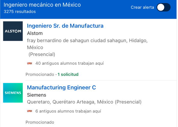 Ofertas de Ingeniero Mecánico en LinkedIn Foto: Captura de pantalla