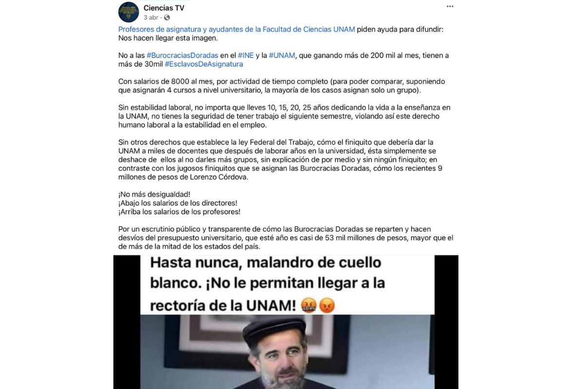 En grupos de Facebook se llama para oponerse a la restitución de Córdova como académico de la UNAM. FOTO: Facebook