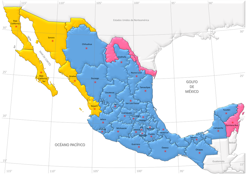 Mapa de husos y horarios de la República Mexicana. Imagen: Gobierno de México.