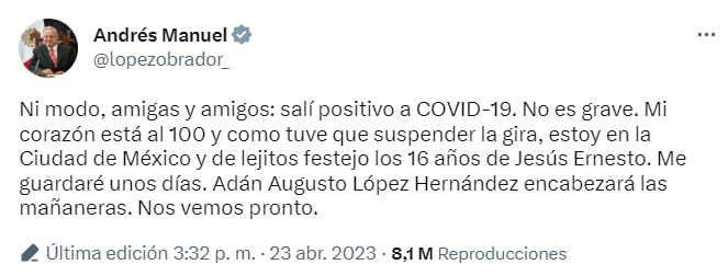 AMLO confirmó que durante su gira por Yucatán dio positivo a covid-19. FOTO: Twitter 