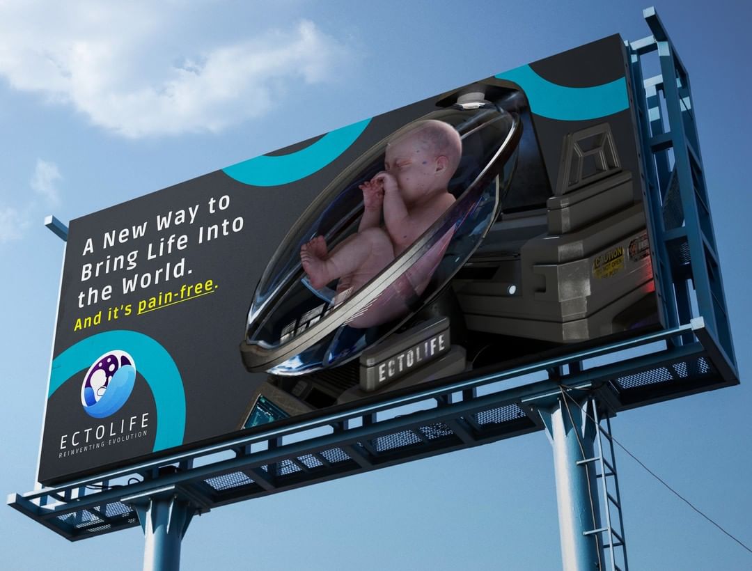 Campaña de publicidad ficticia relacionada a la granja de bebés de EctoLife. 