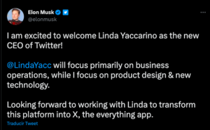 Elon Musk anuncia a Linda Yaccarino como la nueva CEO de Twitter Foto: Captura de pantalla