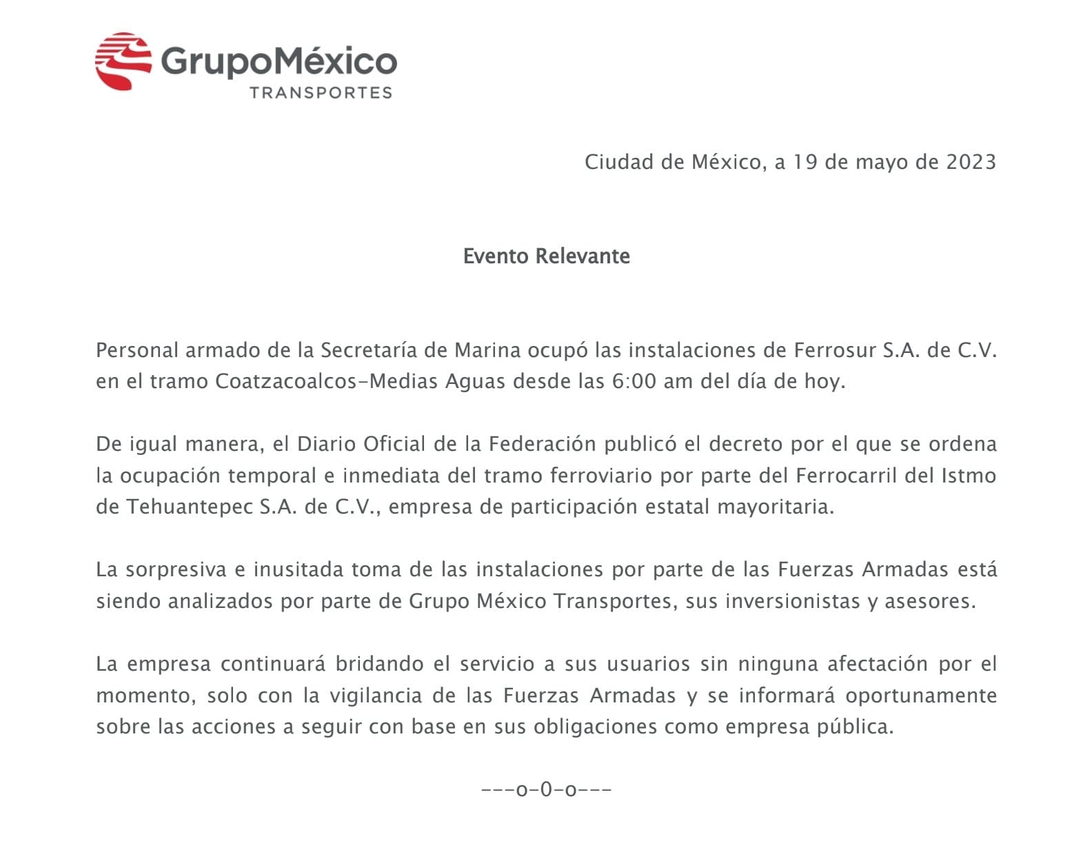 Comunicado de Grupo México ante el nuevo decreto del Diario Oficial de la Federación.