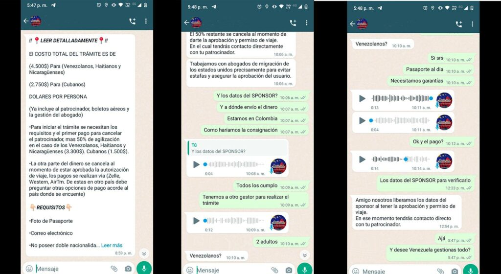 Captura de pantalla de una conversación con un supuesto contacto de abogados de inmigración de EE.UU. para procesos de visas, residencias y ciudadanía estadounidense vía WhatsApp.