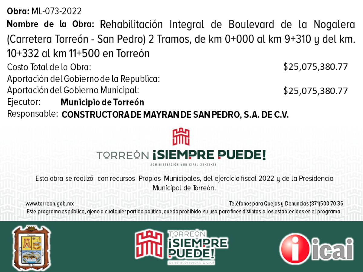 Ficha técnica de la obra. FUENTE: Transparencia del municipio de Torreón.