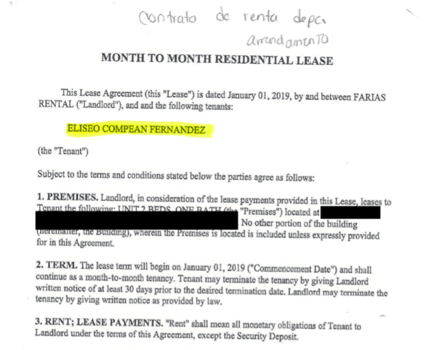 Captura del contrato de arrendamiento avalado por el INE.