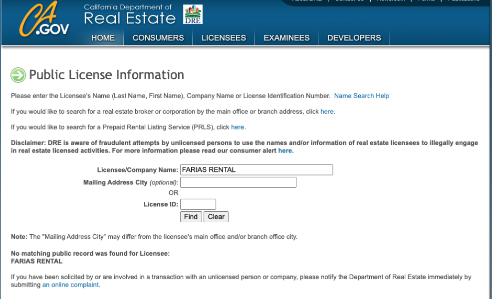 Captura del sistema de licencias de empresas inmobiliarias de Estados Unidos.