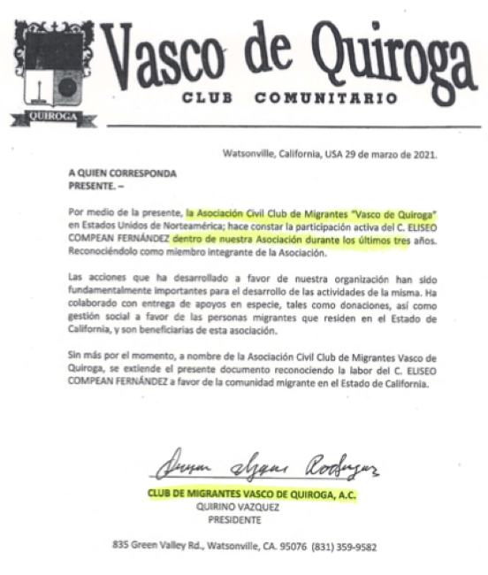 Captura de la carta otorgada por el club de migrantes Vasco de Quiroga AC.